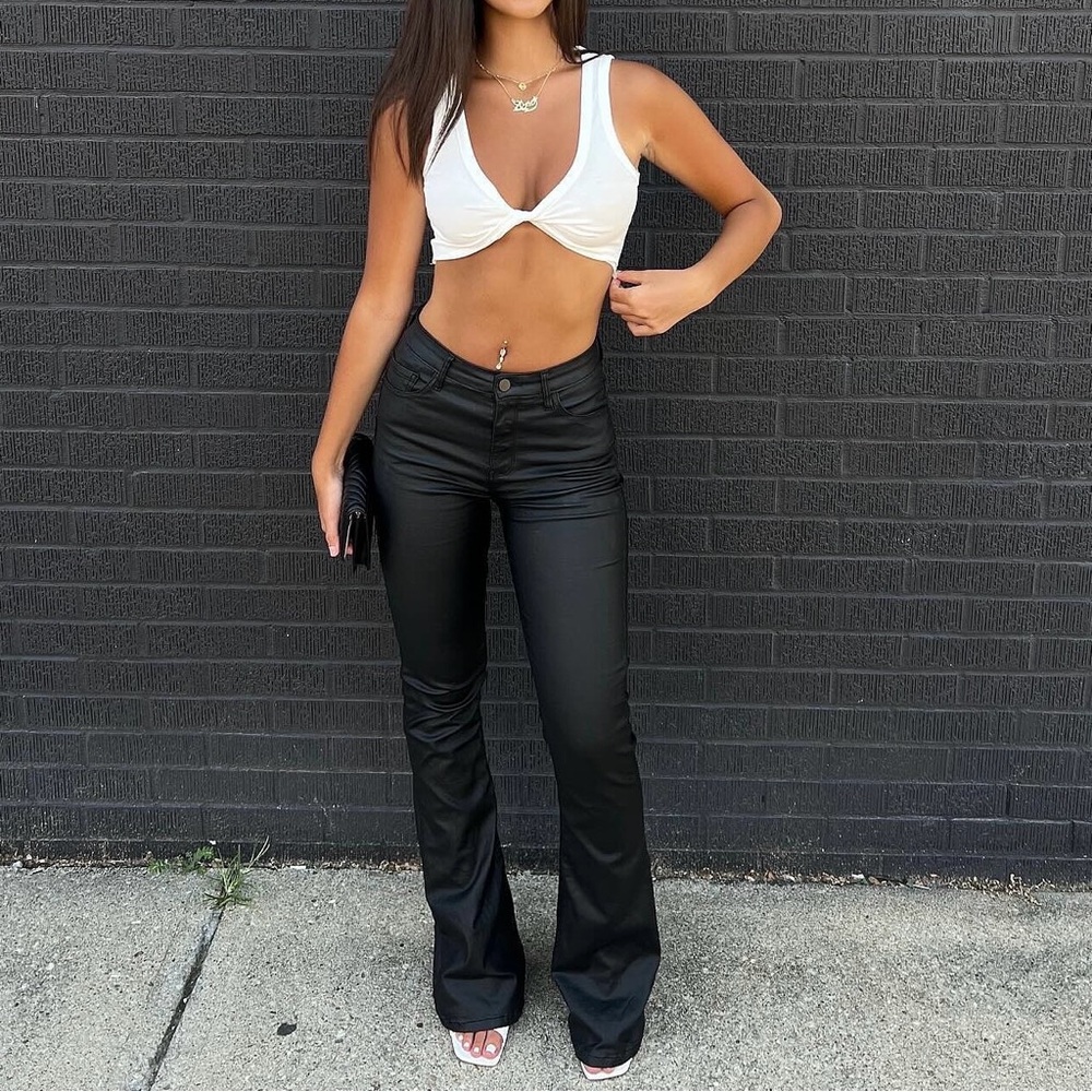 VIRAL Edikted Luna faux leather flare jeans in black